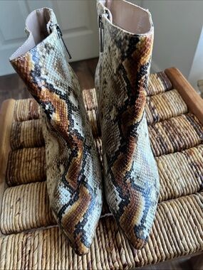 Charles David Snake-Print Pointed Ankle Boots in Cream, Brown and Black